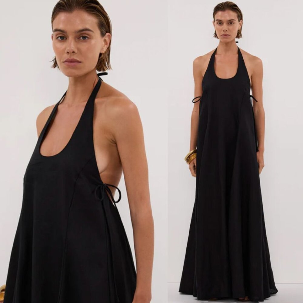 NWT DISSH Black Halter Neck Linen Maxi Abby Dress